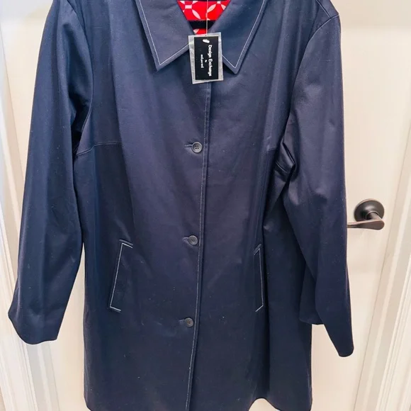NWT Design Exchange Due Per Due Rain Trench Coat Navy Red Lining Sz 18W - Picture 2 of 7